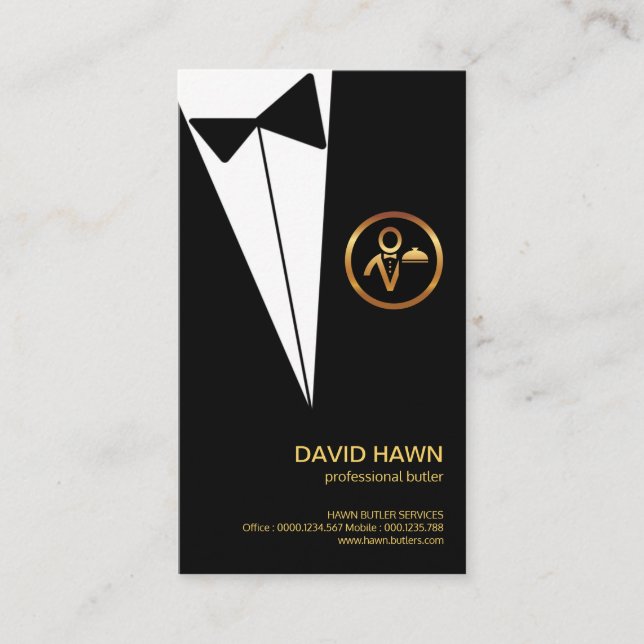 Black Tuxedo Gold Boutonniere Butler's Logo Business Card (Front)