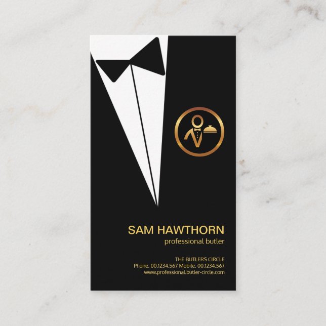Black Tuxedo Gold Butler Boutonniere Button Business Card (Front)