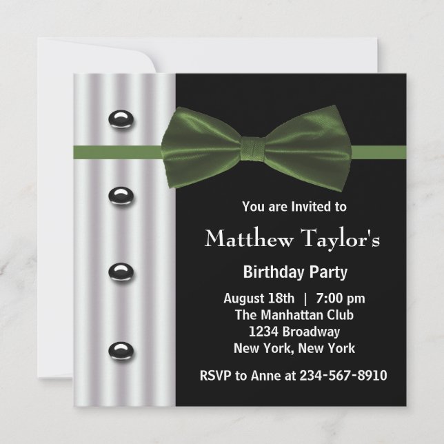 Black Tuxedo Green Bow Tie Mens Birthday Party Invitation (Front)