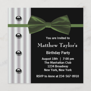 Black Tuxedo Green Bow Tie Mens Birthday Party Invitation