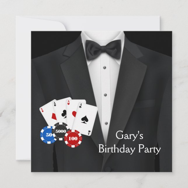 Black Tuxedo Mans Poker Birthday Party Invitation (Front)