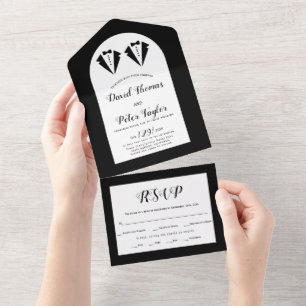 Black tuxedo Mr and Mr two grooms gay wedding All In One Invitation