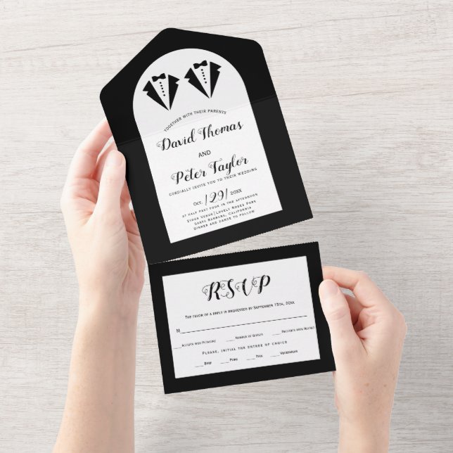 Black tuxedo Mr and Mr two grooms gay wedding All In One Invitation (Tearaway)