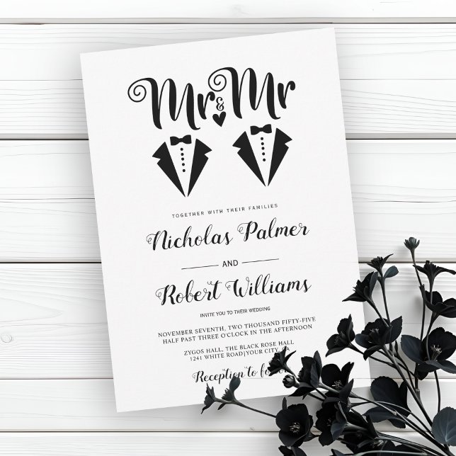 Black tuxedo Mr and Mr two grooms gay wedding Invitation (Creator Uploaded)