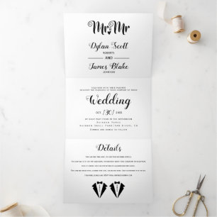 Black tuxedo Mr and Mr two grooms gay wedding Tri-Fold Invitation