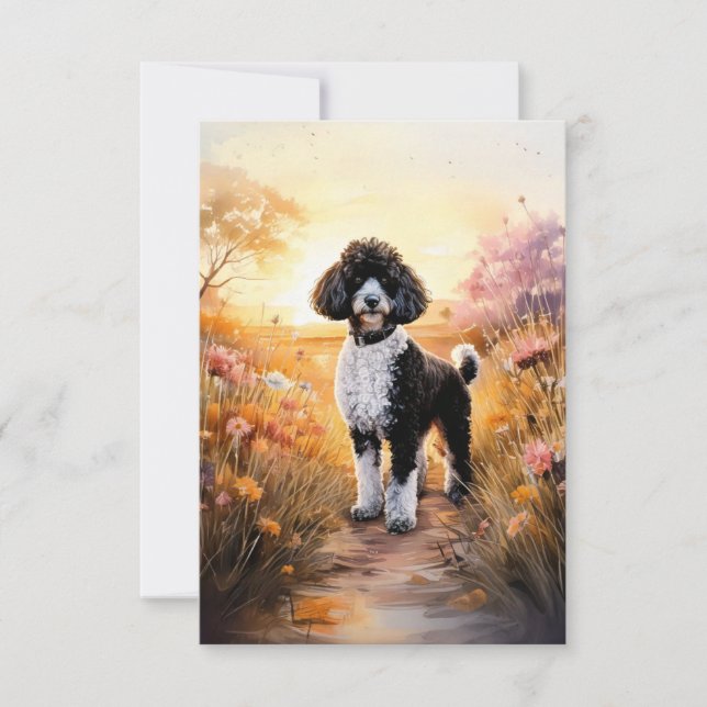 Black Tuxedo Poodle on a Path Note Card (Front)
