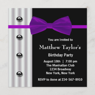 Black Tuxedo Purple Bow Tie Mens Birthday Party Invitation