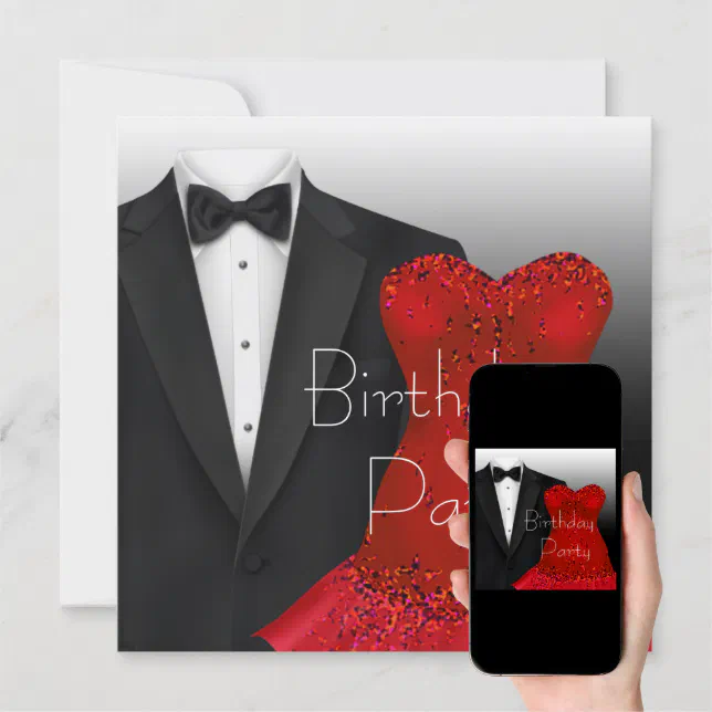 Black Tuxedo Red Dress Birthday Party Invitation Zazzle