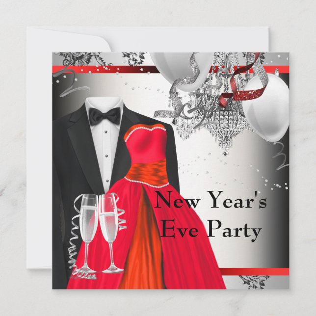 Black Tuxedo Red Dress Party Invitation (Front)