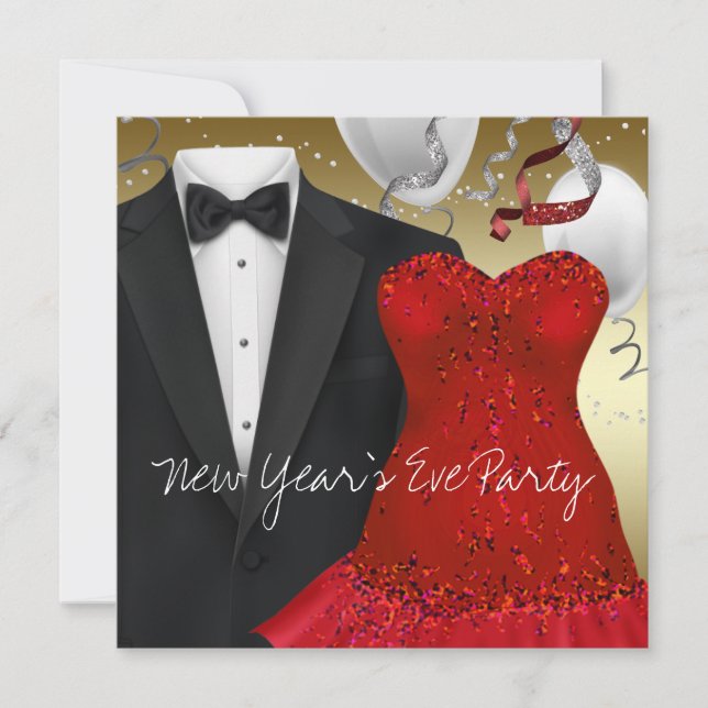 Black Tuxedo Red Dress Party Invitation (Front)
