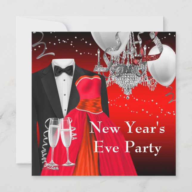 Black Tuxedo Red Dress Party Invitation (Front)