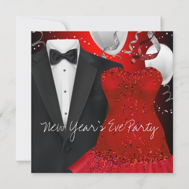 Black Tuxedo Red Dress Party Invitation Template (Front)