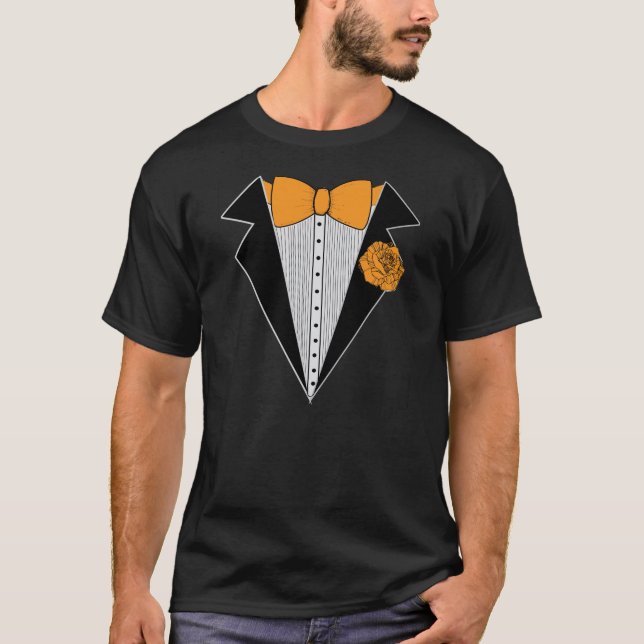 Black Tuxedo style with Orange Bowtie & Rose T-Shirt (Front)