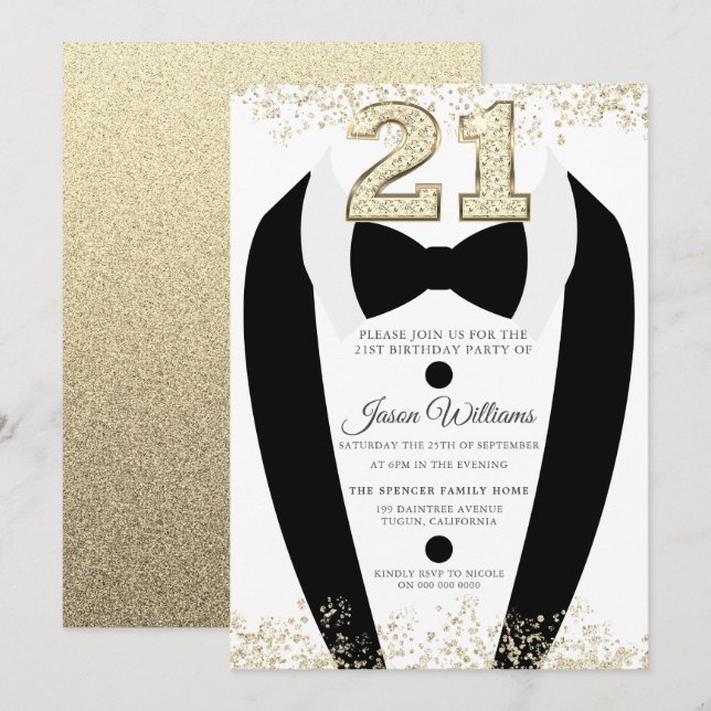Black Tuxedo Suit Gold Mens 21st Birthday Party Invitation (Front/Back)