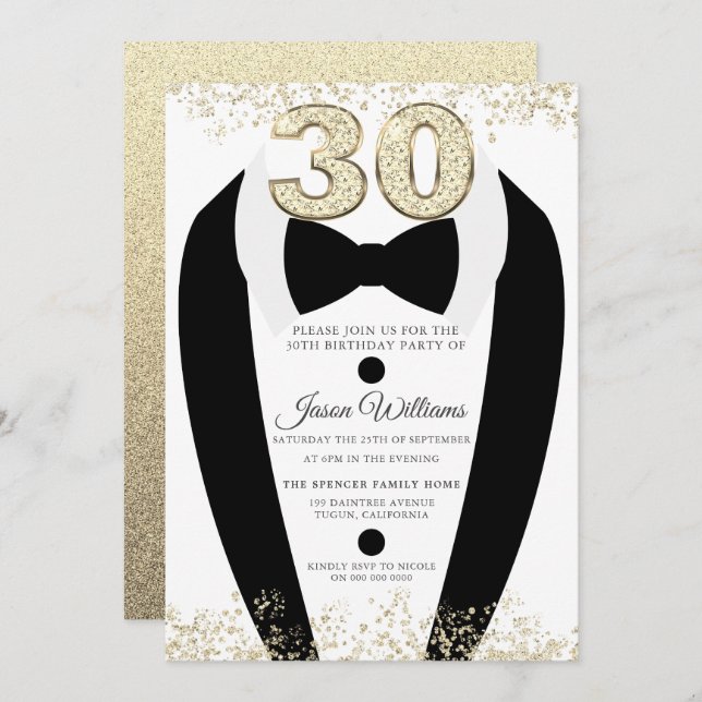 Black Tuxedo Suit Gold Mens 30th Birthday Party Invitation (Front/Back)