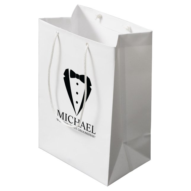 Black Tuxedo Suit Personalised Groomsman Proposal Medium Gift Bag (Front Angled)