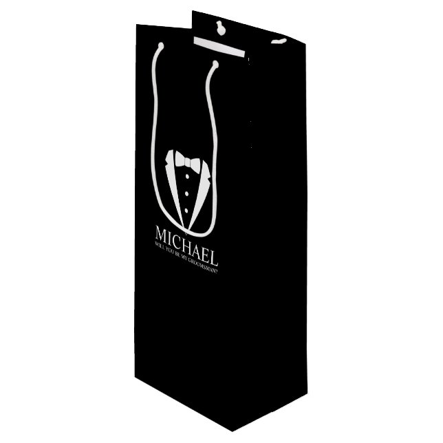 Black Tuxedo Suit Personalised Groomsman Proposal Wine Gift Bag (Front Angled)