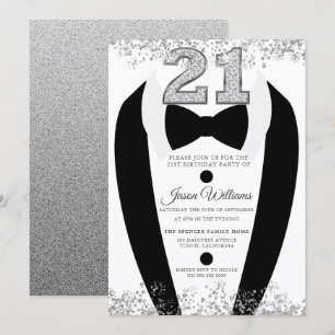 Black Tuxedo Suit Silver Mens 21st Birthday Party Invitation