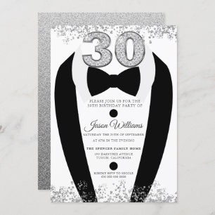 Black Tuxedo Suit Silver Mens 30th Birthday Party Invitation