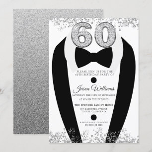 Black Tuxedo Suit Silver Mens 60th Birthday Party Invitation
