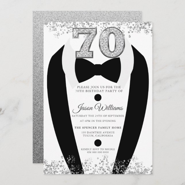 Black Tuxedo Suit Silver Mens 70th Birthday Party Invitation (Front/Back)