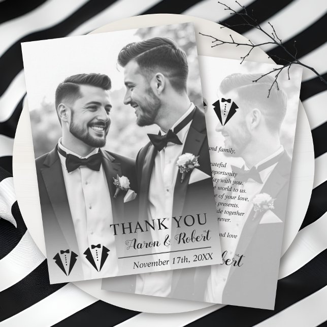 Black tuxedo two grooms gay wedding photo thank you card (Creator Uploaded)