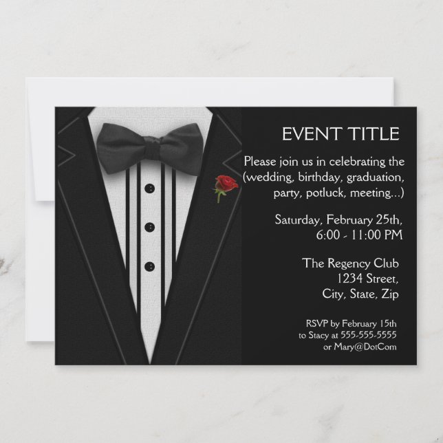 Black Tuxedo with Bow Tie Red Rose Invitation (Front)