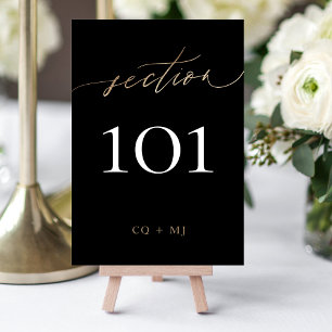 Black Tuxedo Yellow Gold Calligraphy Wedding  Table Number