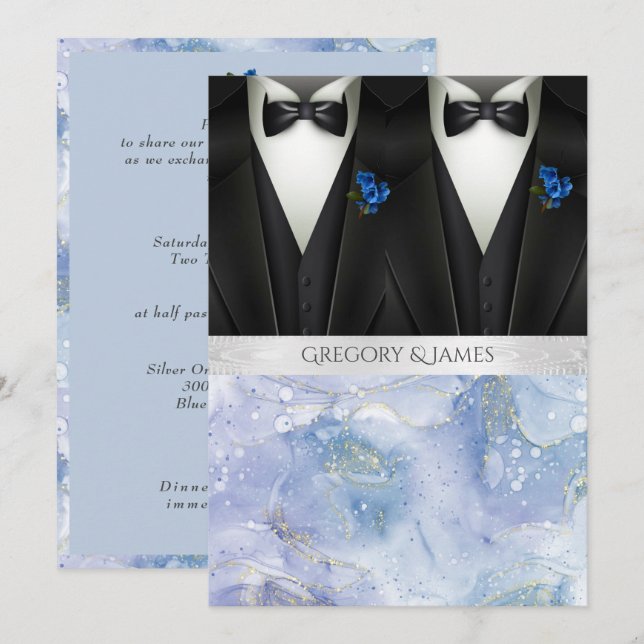 Black Tuxedos Blue Boutonniere Wedding Invitation (Front/Back)
