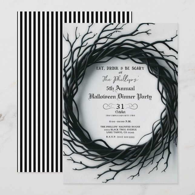 Black Twig Elegant Fall Halloween Dinner Party Invitation (Front/Back)