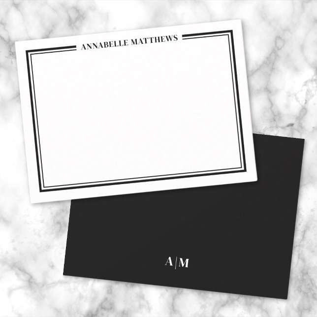 Black Two Border Minimalist Name Monogram Card (Black Two Border Minimalist Name Monogram Note Card)