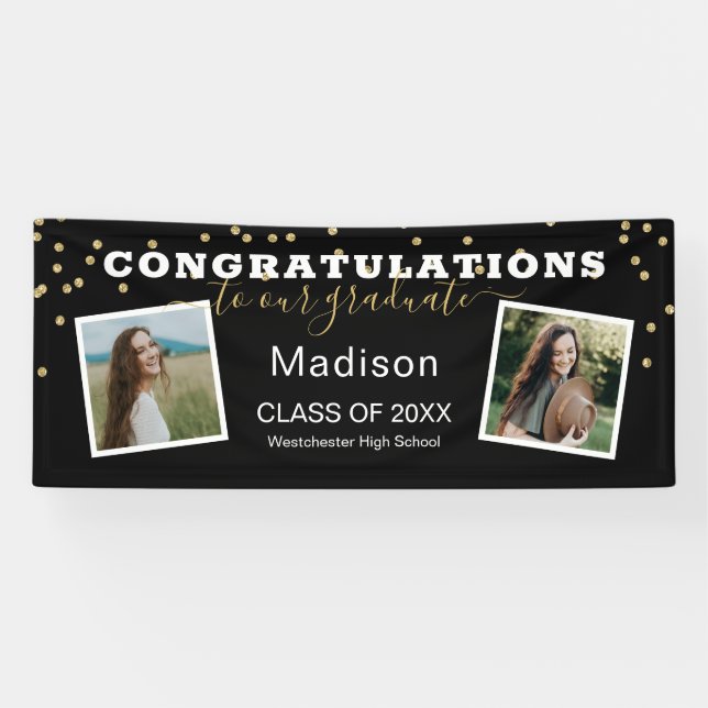 Black Two Photo Glitter Congratulations Graduation Banner (Horizontal)