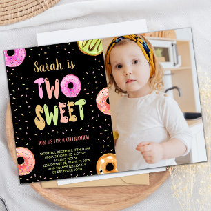 Black Two Sweet Pastel Photo Doughnut Birthday Invitation