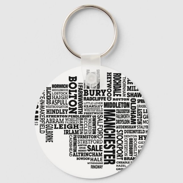 Black type map of Greater Manchester Key Ring (Front)