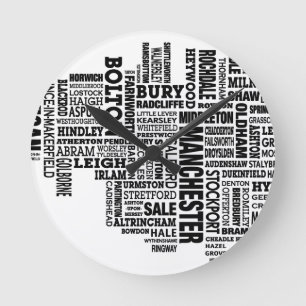 Black type map of Greater Manchester Round Clock
