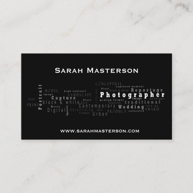 Black  Typographic Photographer business card (Front)