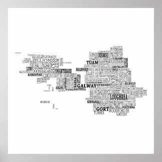 Black Typographical Map of Co. Galway, Ireland Poster