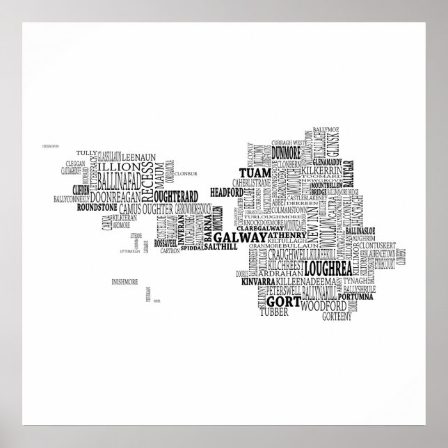 Black Typographical Map of Co. Galway, Ireland Poster (Front)