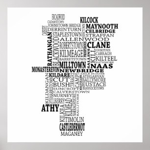Black Typographical Map of Co. Kildare, Ireland Poster