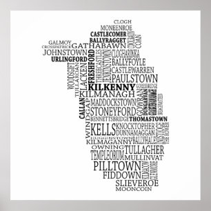 Black Typographical Map of Co. Kilkenny, Ireland Poster