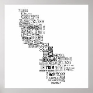 Black Typographical Map of Co. Leitrim, Ireland Poster