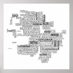 Black Typographical Map of Co. Mayo, Ireland Poster