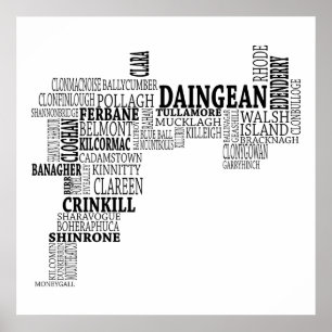 Black Typographical Map of Co. Offaly, Ireland Poster