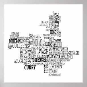 Black Typographical Map of Co. Sligo, Ireland Poster