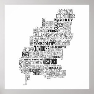Black Typographical Map of Co. Wexford, Ireland Poster