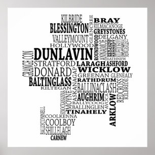 Black Typographical Map of Co. Wicklow, Ireland Poster