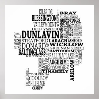 Black Typographical Map of Co. Wicklow, Ireland Poster