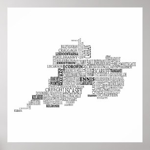 Black Typographical Map of County Clare, Ireland Poster