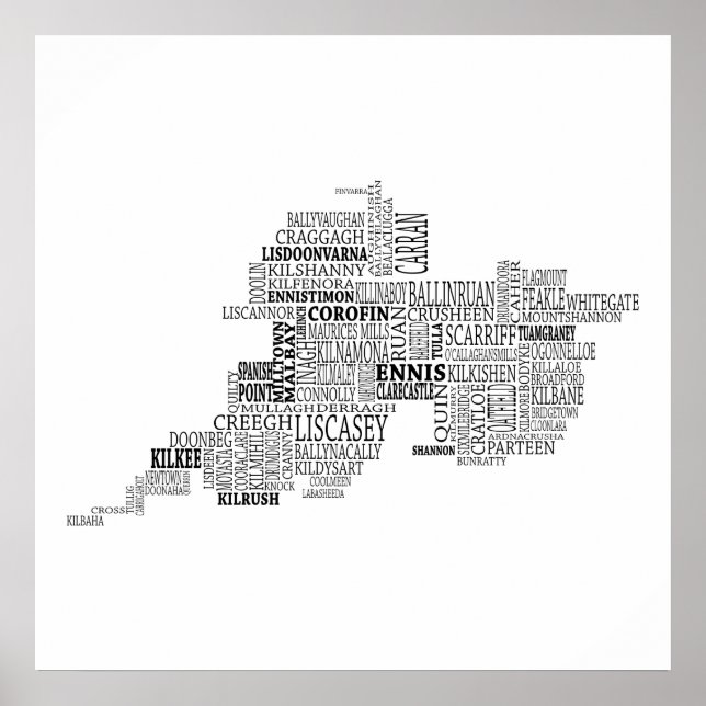 Black Typographical Map of County Clare, Ireland Poster (Front)