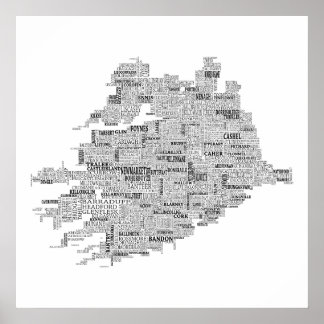 Black Typographical Map of Munster, Ireland Poster